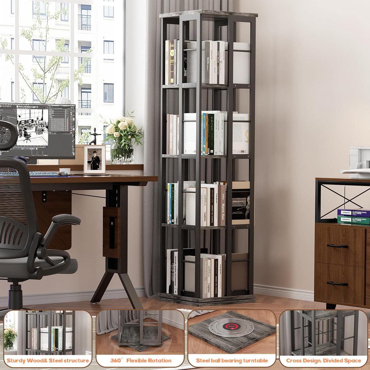 Aheaplus Rotating Bookshelf, 4-Tier Corner Bookshelf, 360 Display Wood Spinning Bookshelf, Floor Standing Bookcase Narrow Shelf Revolving Organizer Storage Rack for Small Space, Grey Oak