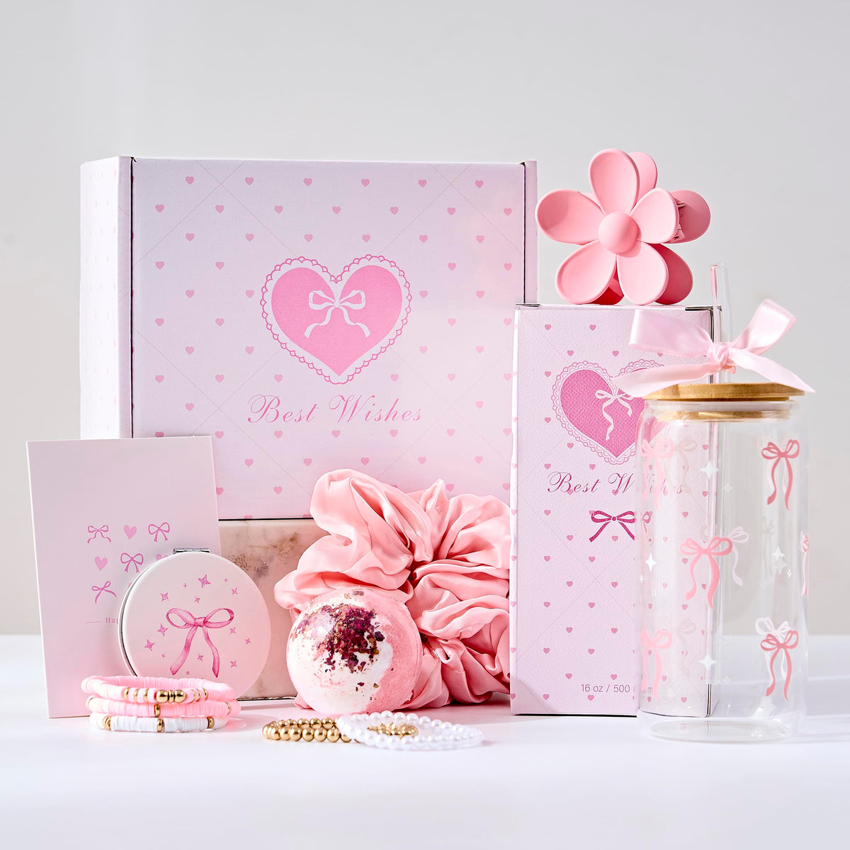 LANGASQUE Birthday Gifts for Women Teen Girls, Happy Birthday Gift Baskets for Women, Coquette Pink Bow Glass Cup Gift Box Set, Chrismas Gifts for Daughter Sister Wife Girlfriend Mom