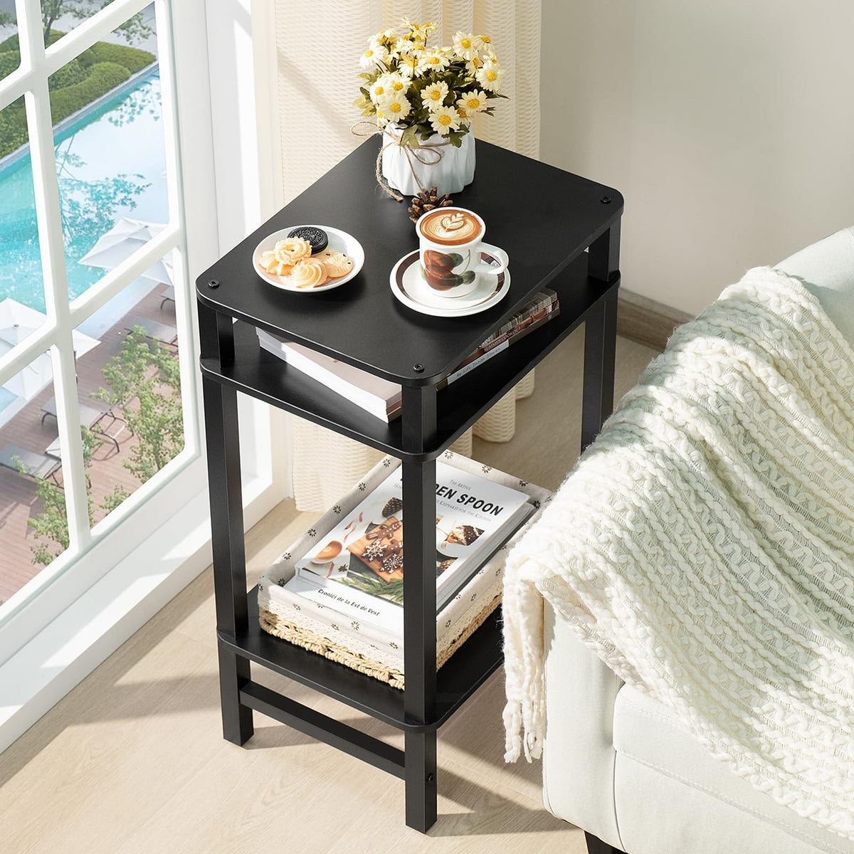 YUFAM Side Table End Table Tall Night Stand 3-Tier for Living Room Bedroom Bathroom Office Furniture Black
