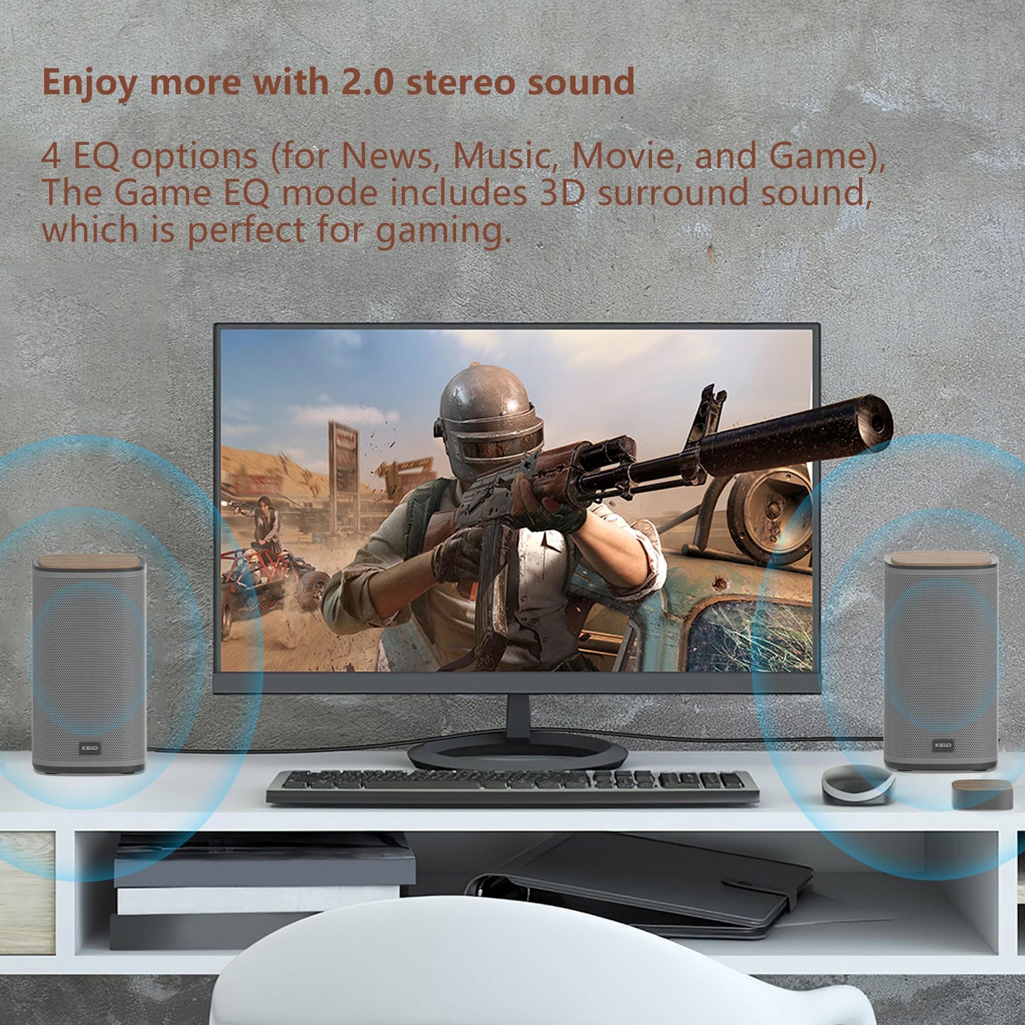 KEiiD Bluetooth Computer Speakers with Wireless Touch Control Pod for PC Laptop/Desktop Wireless Stereo Gaming Speakers, 4 EQ Modes, Aesthetic Style, New Model