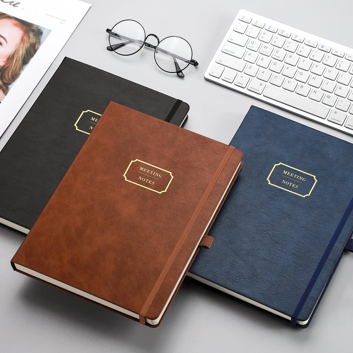 EMSHOI Meeting Notebook for Work with Sticky Tabs - 240 Pages, A4 Size Project Planner, PU Leather Meeting Agenda/Minutes Organizer for Women Men, Note Taking, Office & Business, 8.3"x11.7", Coffee