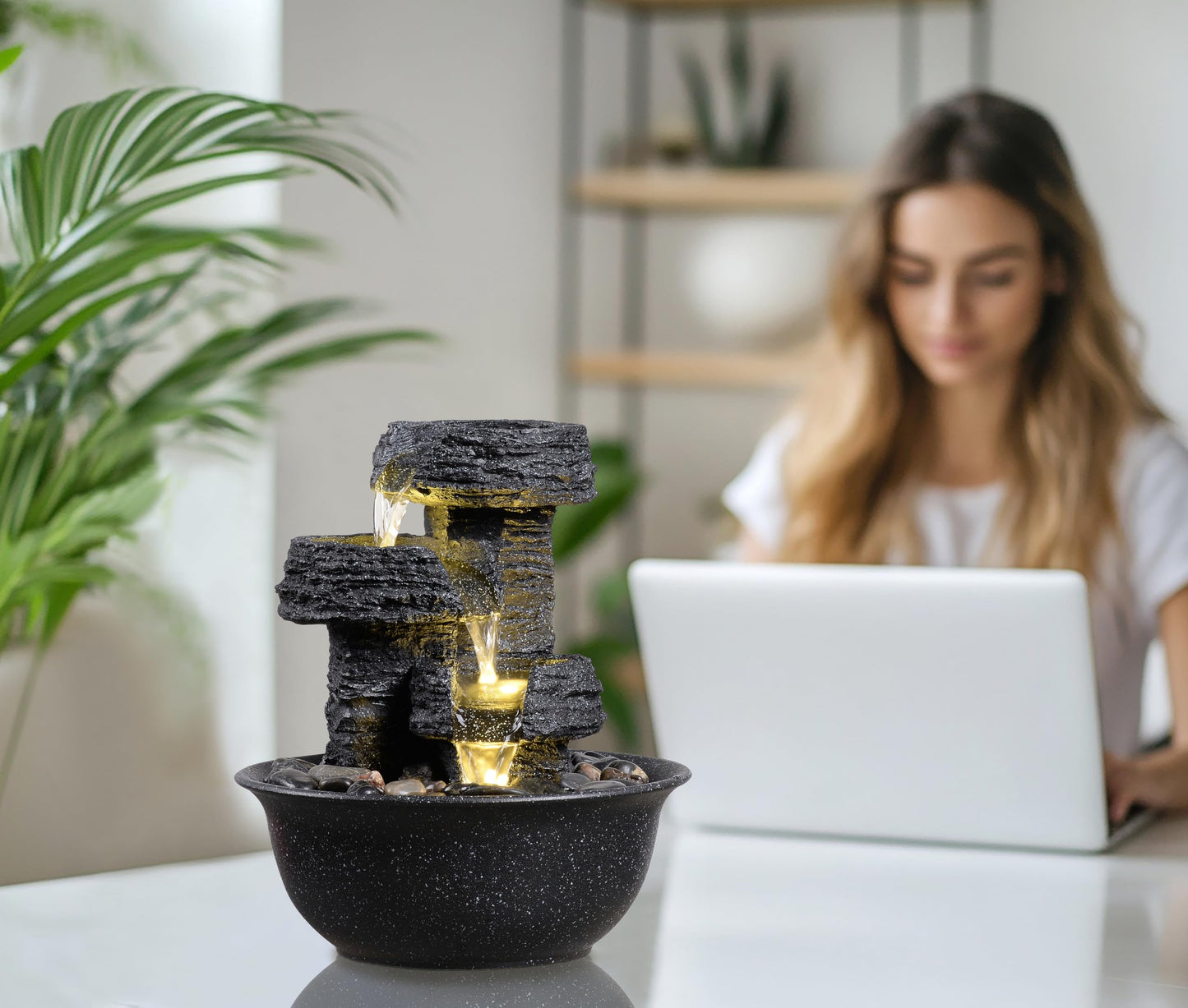 Rock Style Tabletop Fountain with LED Light – Indoor Waterfall Feature for Home or Office Décor, Relaxing Zen Desktop Water Fountain