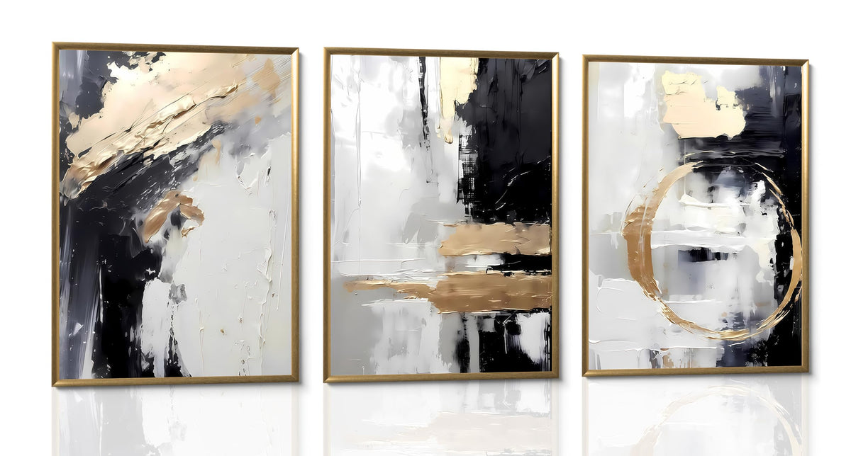 3pcs Black Gold Canvas Wall Art Abstract Geometric Textured Posters Prints Pictures Paintings with Faux Stucco Finish Modern Beige Minimalist Wall Decor for Living Room Bedroom Bathroom Unframed
