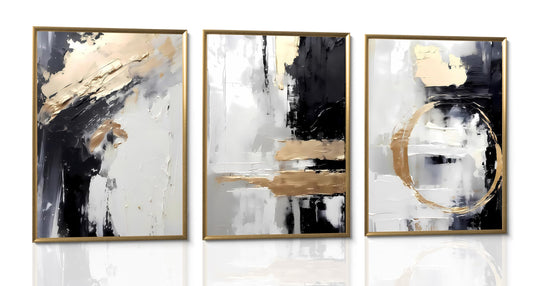 3pcs Black Gold Canvas Wall Art Abstract Geometric Textured Posters Prints Pictures Paintings with Faux Stucco Finish Modern Beige Minimalist Wall Decor for Living Room Bedroom Bathroom Unframed