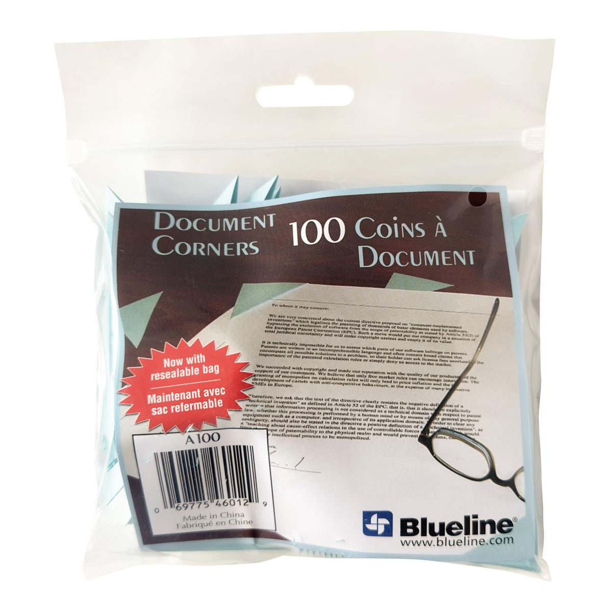 Blueline® Document Corners, Light Blue, 100 Per Resealable Pack, 2" x 2" (A100)