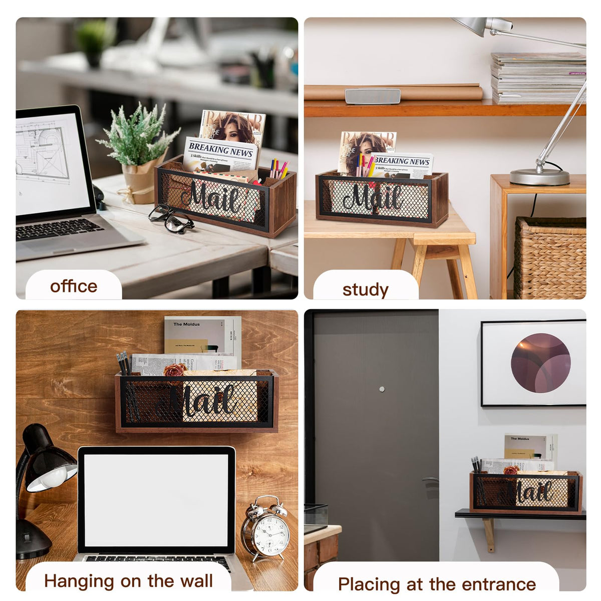 BOTOP Mail Organizer,Mail Holder with 2 Slots, Wood Mail Basket Mail Sorter for Wall Table Countertop, Bill Envelope Letter Holder for Home Office