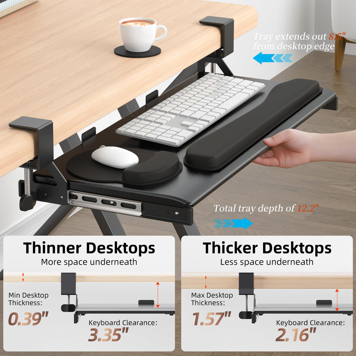 TEXENDO Keyboard Tray, 25 in. Pine Plastic, Keyboard tray Under Desk with Wrist Rest, Mouse Pad, Cup Mat, Lightweight Slide Out Tray, Easy Assemble Adjustable C clamp