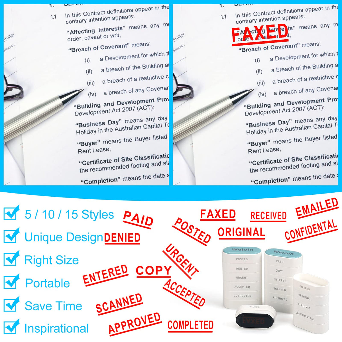 Total Office Stamps Set 15PCs, Self Inking Rubber Stamps “Paid Copy Entered Scanned Approved Posted Denied Urgent Accepted Completed FAXED EMAILED Original Received Confidential” for Business Use