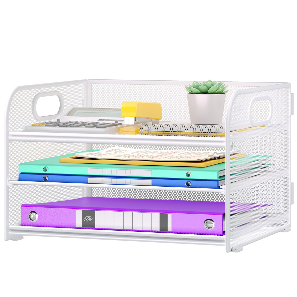 Cawukege 3 Tier Paper Organizer with Handle, Metal Desk Organizer Mesh Paper Letter Tray Desktop File Folder Document Sorter for Classroom, School, Office Accessories Storage (1, White)