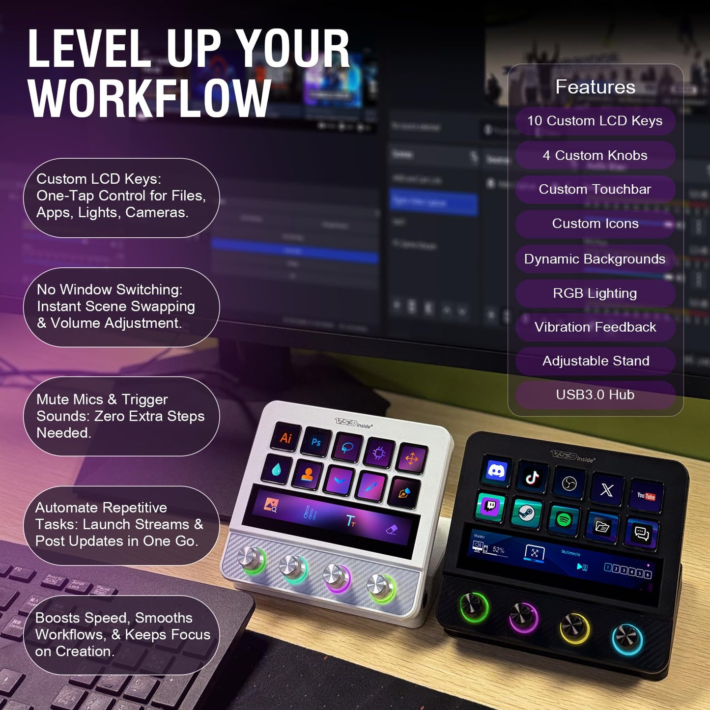 VSDINSIDE Macro Pad, Streaming Deck Stream Controller Soundboard Keypad, Programmable Keys USB Shortcut Keyboard for Gamer Streamer, Audio Mixer for OBS, YouTube, Office Desk Setup, PC, Mac