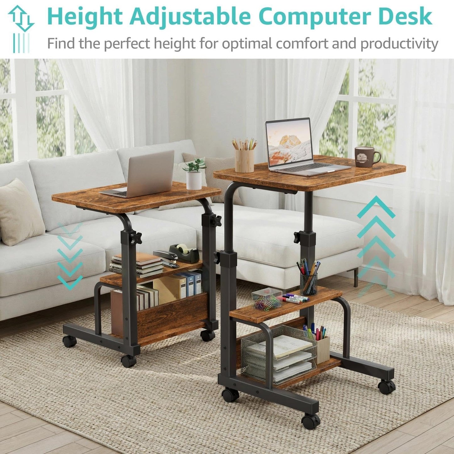 WINAZ C Shaped Rolling Laptop Desk - 24" Rustic Brown Mobile Kids Desk with Wheels for Small Spaces, Height Adjustable Overbed Table with 2-Tier Storage Shelves