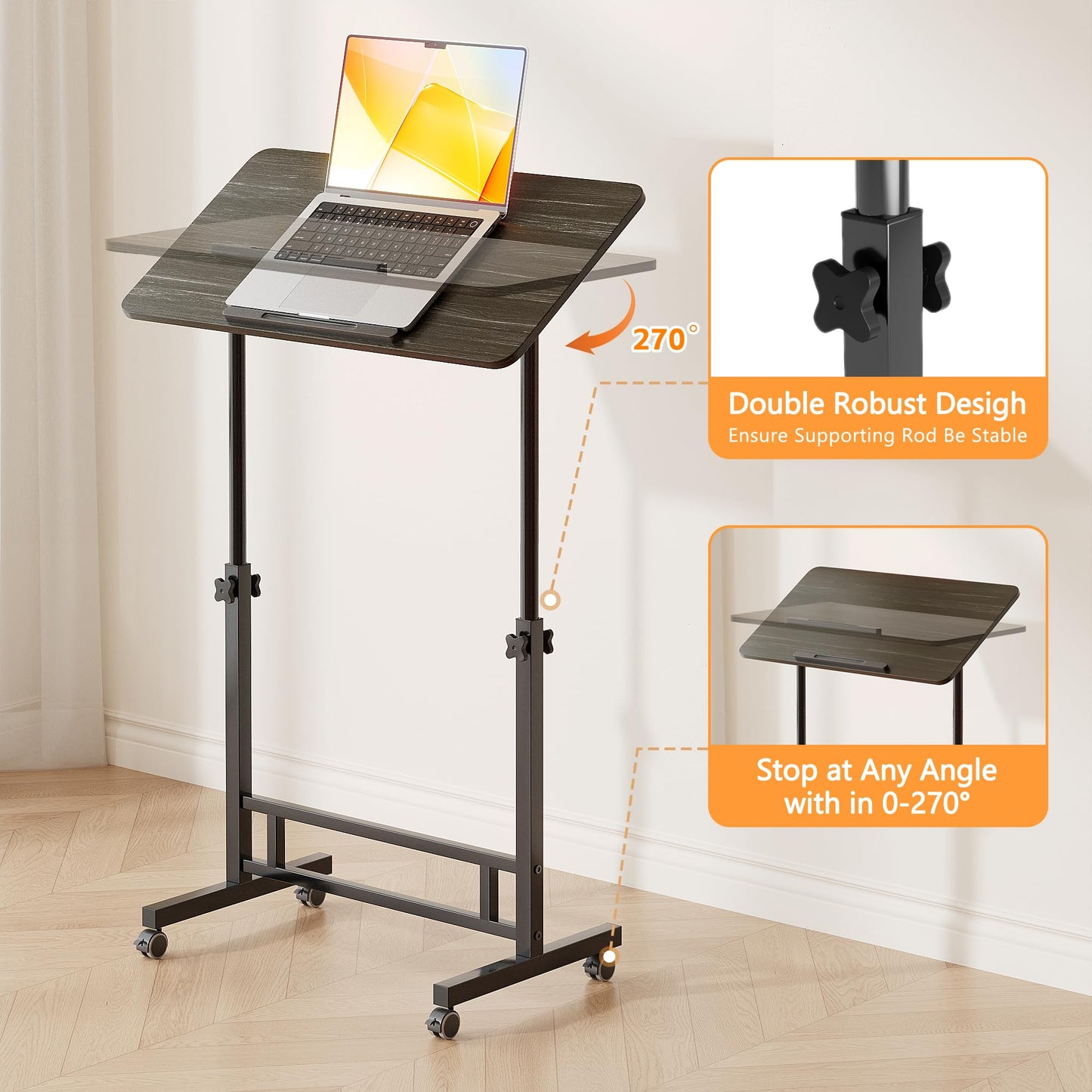 Furist Small Standing Desk Adjustable Height 32 Inch Mobile Sit Stand up Desk Portable Rolling with Wheels Standing for Walking pad Treadmill Black
