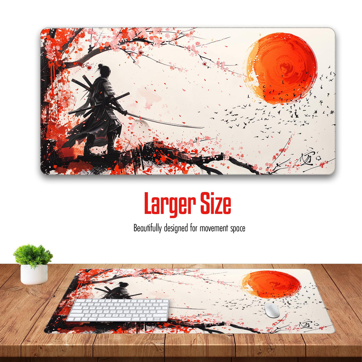 VNDL Large Japanese Gaming Mouse Pad, White and Red, Premium Non-Slip Anime Desk Pad for Office, Extended XL XXL Mouse Mat and Laptop Pad, Waterproof and Stiched Edges 31.5 x 15.7 in (sam3)