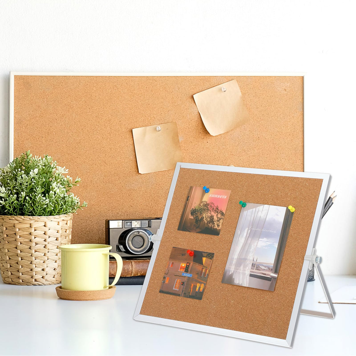 2 Pack Cork Board Bulletin Board, Double Sided Pin Board with Silver Aluminum Border, Desktop Small Cork Board with Stand Suitable for Home, Office, Desk Message Board or Picture Board 9.8"×9.8"