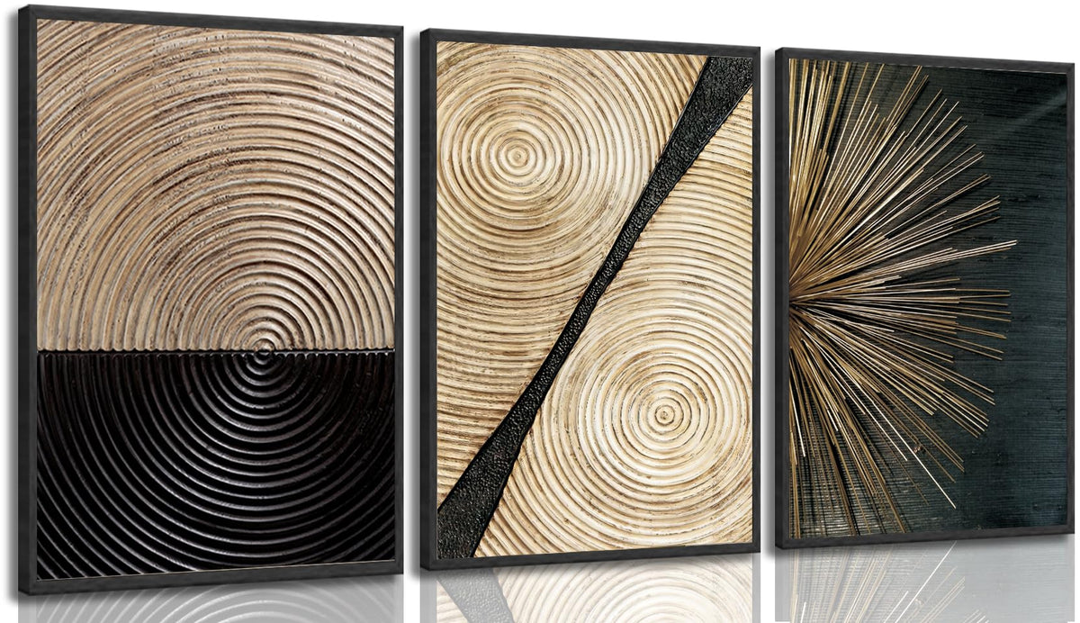 3Pcs Retro Wood Grain Canvas Wall Art Minimalist Black Gold Abstract Line Painting Pictures Wall Decor Neutral Geometric Beige Brown Poster Prints for Bedroom Office Decoration 12x16in Unframed