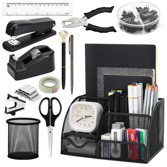 SYMDROMIA 13-in-1 Office Desk Organizer Set with Stapler and Tape Dispenser, Pen Holder, Scissors, Ruler, Hole Punch, 2 Pens & More Desktop Accessories for Back to School Supplies (Black)