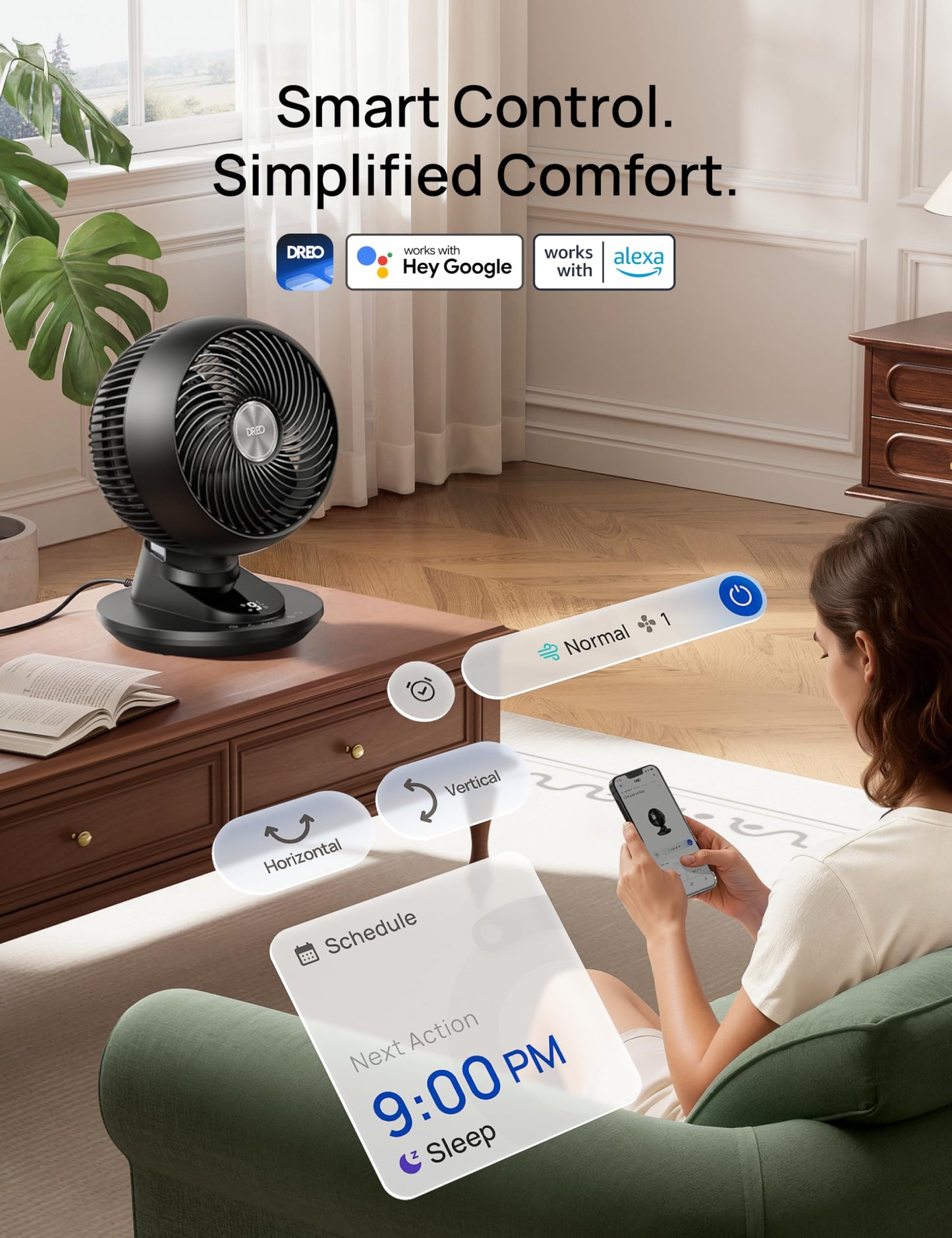 DREO Smart Fan for Bedroom, Powerful 85 ft Airflow, 12 Inches, Desk Fans in 20dB Quiet, 90°+90° oscillating fans, App/Voice Control, 9 Speeds & 8/12H Timer for Home Office Dorm