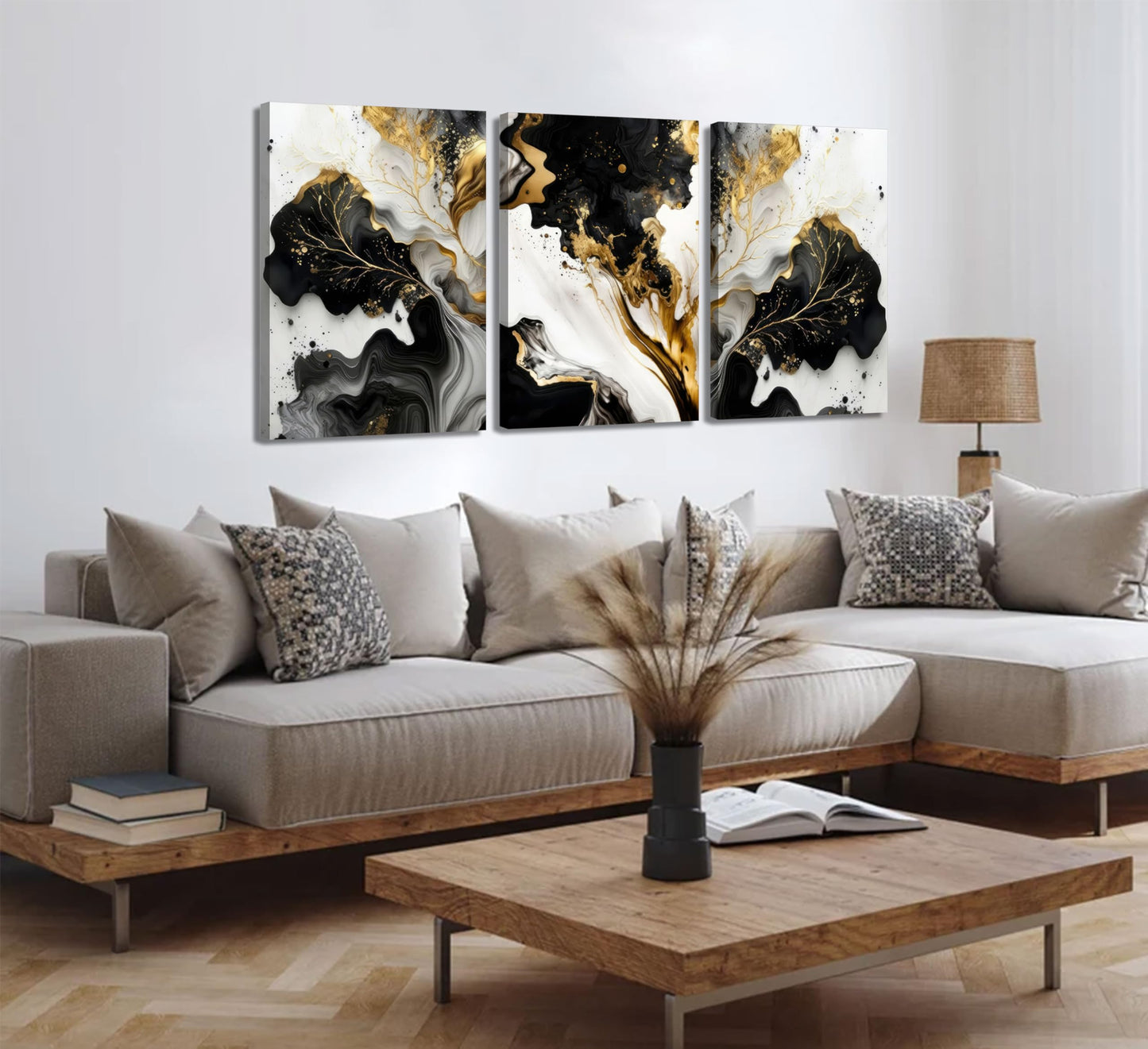 3Pcs Abstract Marble Canvas Wall Art Picture Black White Gold Texture Poster Print Modern Painting Wall Decor for Bedroom Living Room Office 12x16in Framed