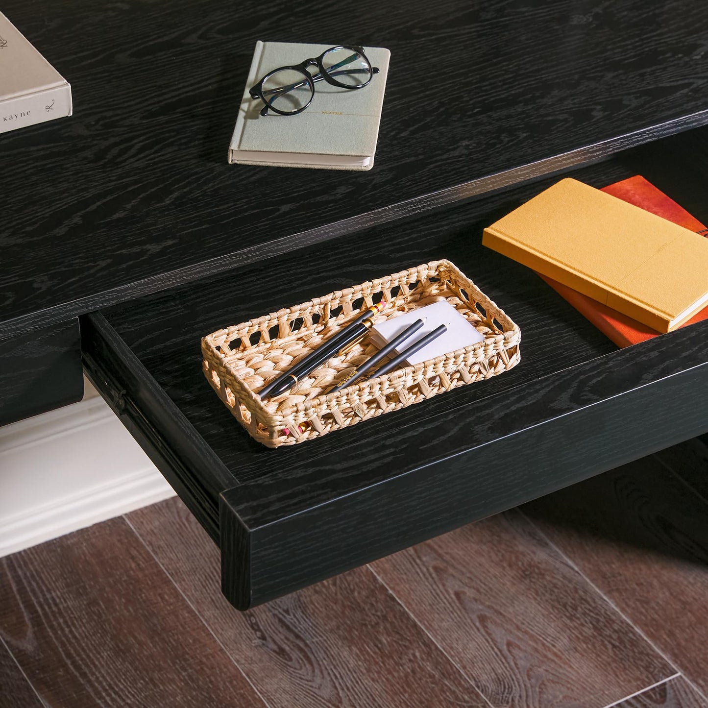 Walker Edison Amira Modern MDF Waterfall Writing Desk with a Built-in Storage Drawer, 52 Inch, Black