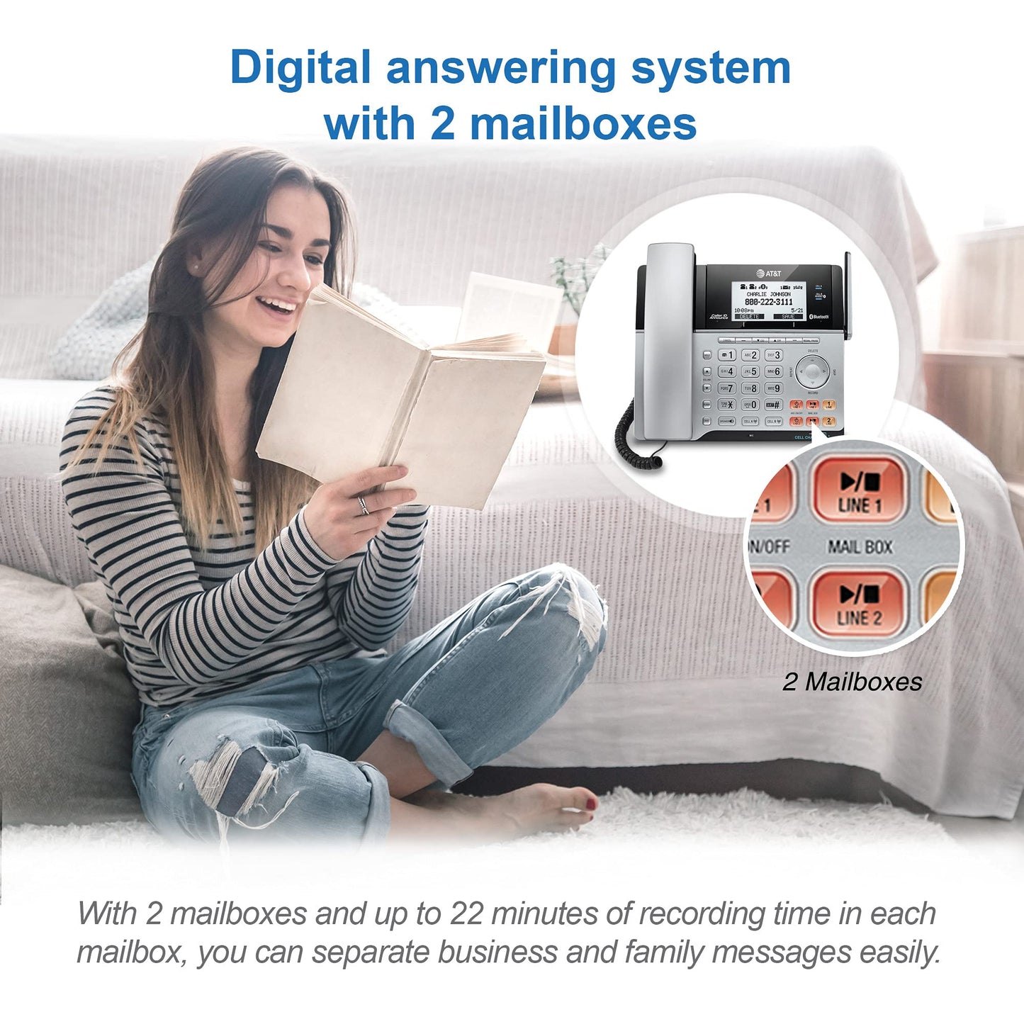 AT&T TL86103 2-Line Corded/Cordless Phone System for Small Business with Answering Machine, Connect-to-Cell Bluetooth, Caller ID, Intercom, Long Range & Expandable to 12 Handsets (Silver/Black)
