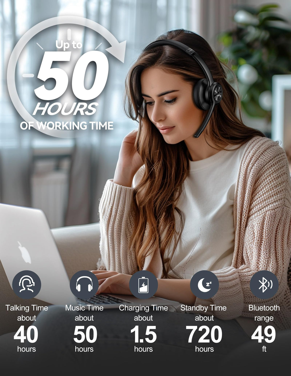 TECKNET Wireless Headset, Bluetooth Headset with Noise Cancelling Microphone - Rechargeable Bluetooth V5.2 Headphones, 50H Playtime & Mic Mute, On Ear Headphones for Trucker/Remote Work/Call Center