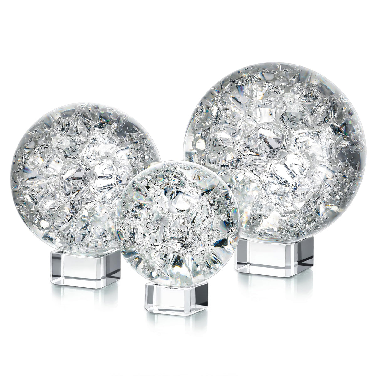 ZEERSHEE Set of 3 60/80/100mm Crystal Cracked Balls Glass Globe Paperweight Decor Solid Decorative Sphere with Stand Feng Shui Divination or Fortune Telling Ball