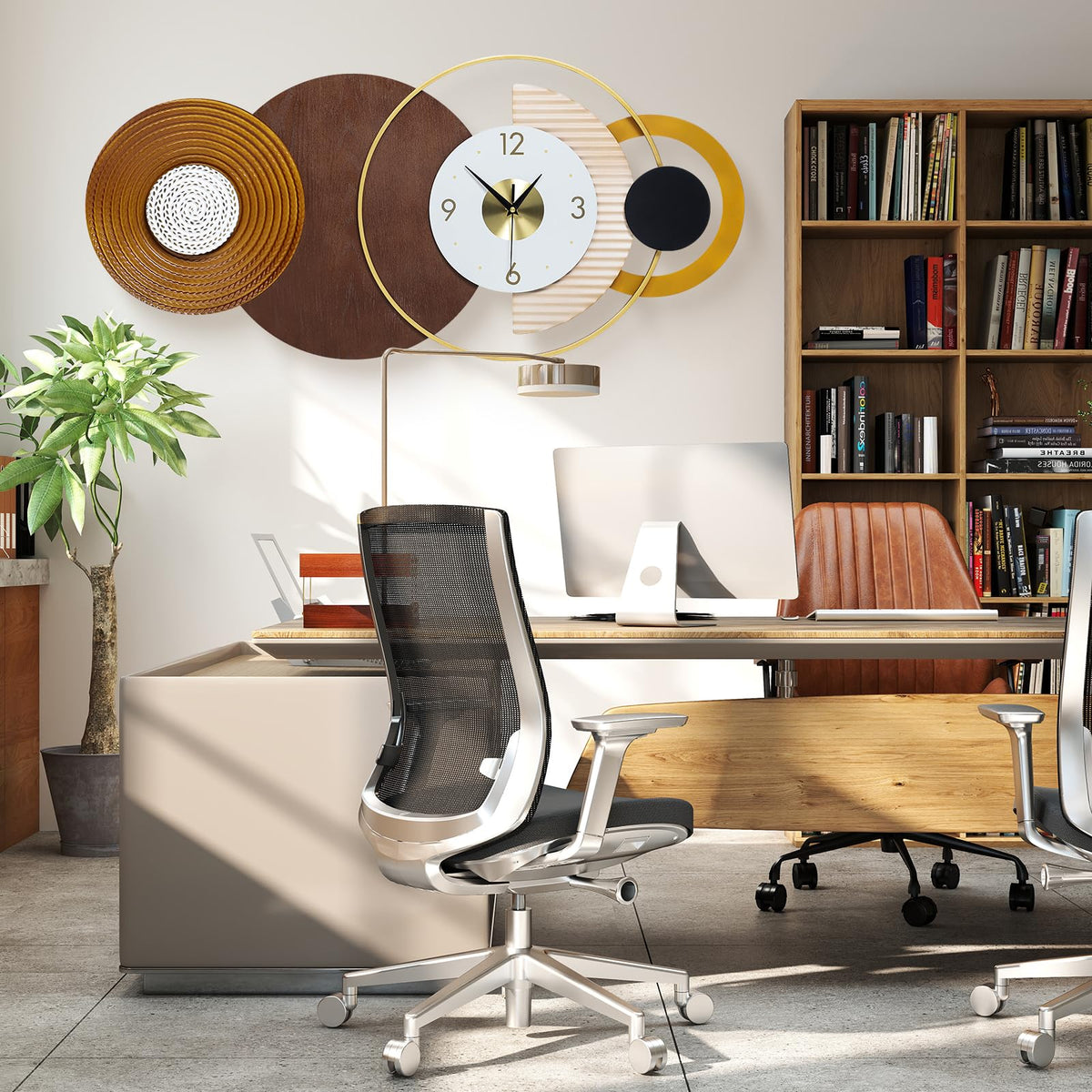 Anmotpe 47.2x22.8 inch Large Mid Century Wall Clock for Living Room, Metal & Wood Modern Brown Decorative Clocks Silent Battery Operated for Home, Office, Bedroom, Dining