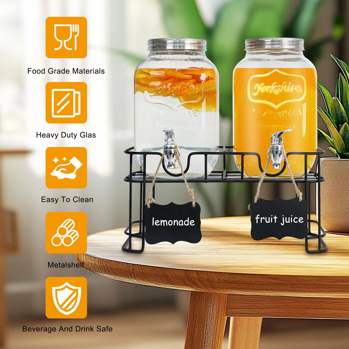 2-Pack 1 Gallon Glass Drink Dispensers for Parties - Leak-Proof Beverage Dispenser with Stand, Spigot, Ice Cylinder & Chalkboard Labels - Perfect for Lemonade, Iced Tea, and Party Drinks