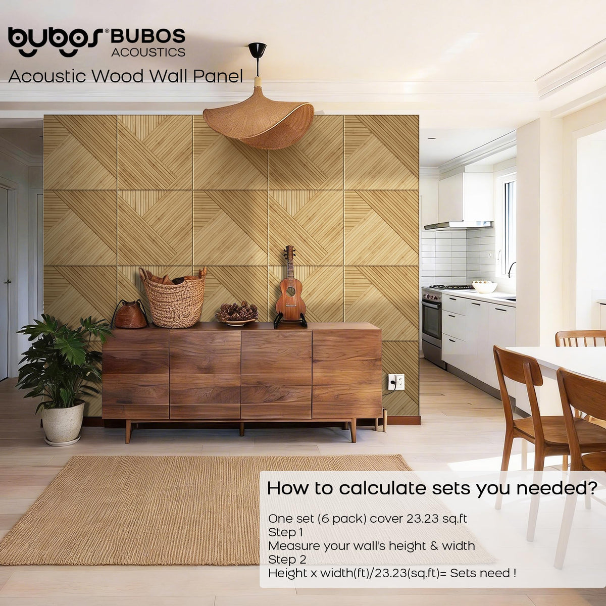 BUBOS 6 Pack Acoustic Wall Panels - High-Density Polyester Sound Absorbing Panels, Decorative Wood Print Treatment for Recording Studio & Home Office, Peel and Stick, 23.6" x 23.6"