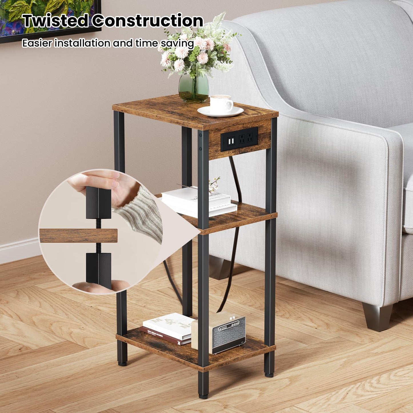 Creso hom Side Table with Charging Station, Tall End Tables Living Room, 30 Inch Skinny Night Stand with Storage, Small Bedside Tables for Bedroom, Office, Dorm, Hallway, Rustic Brown