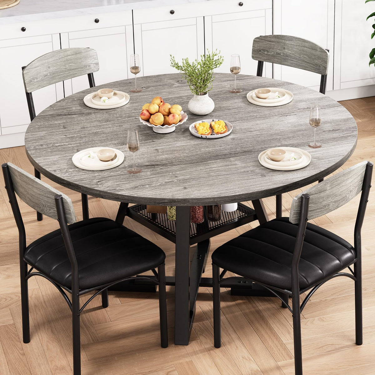 Round Dining Table Set for 4, Kitchen Table and Chairs for 4, Circle Table Round Pedestal Dining Room Dinner Dinette Table Set,5 Piece Space Saving Wood Kitchen & Dining Room Tables (Grey, 42In)