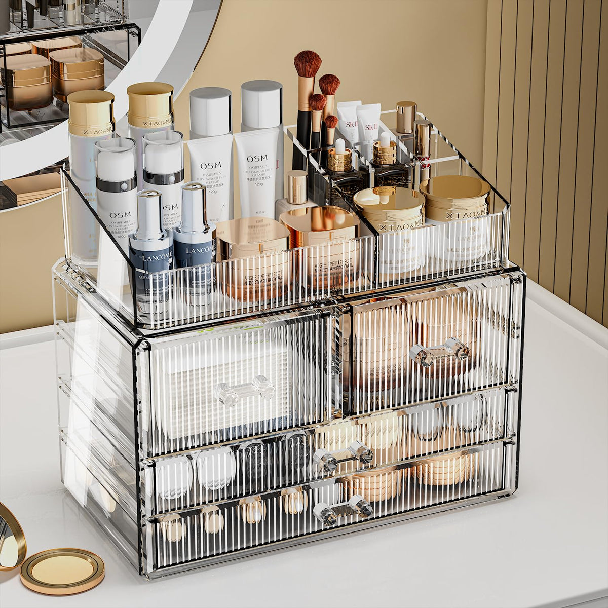 ZHIAI Stackable Storage Drawers, Acrylic Bathroom Counter Organizer Clear Makeup Organizers for Vanity, Kitchen Cabinets, Bathroom, Undersink, Home Organization and Storage (1 Top 4 Drawers D)