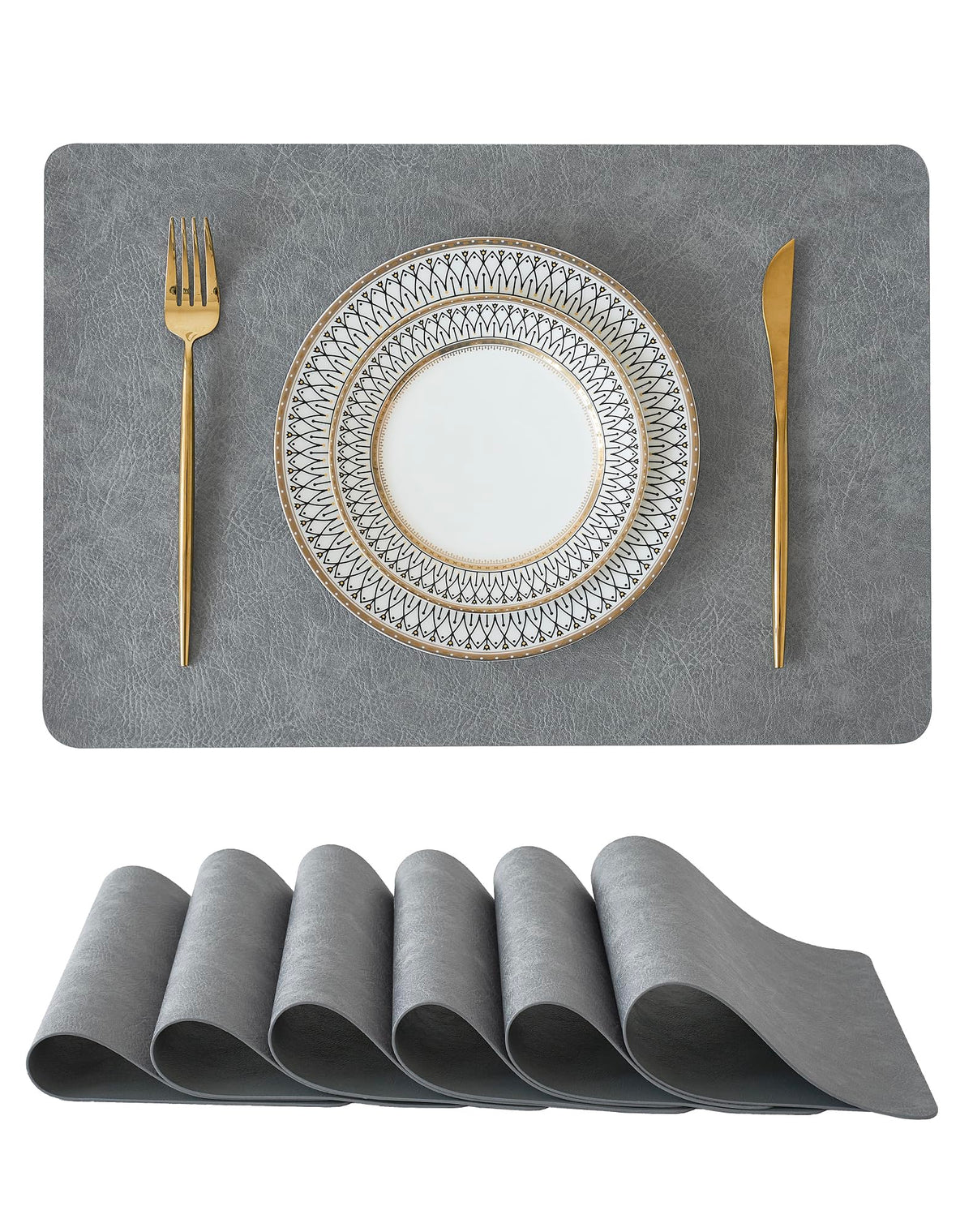 Leetaltree Reversible Faux Leather Placemats Set of 6, 12x17 Inch – Hotel-Quality Heat Resistant & Waterproof Wipeable Table Mats, Non-Slip for Dining Kitchen (Mist Crey, 6 Pack)