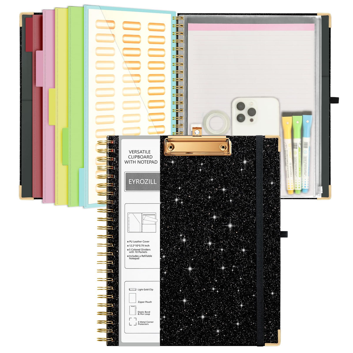 Clipboard with Storage Folio 10 Pockets 5 Tab Dividers Folder Labels Notepad Spiral Black Sparkly Clipboards for School Office