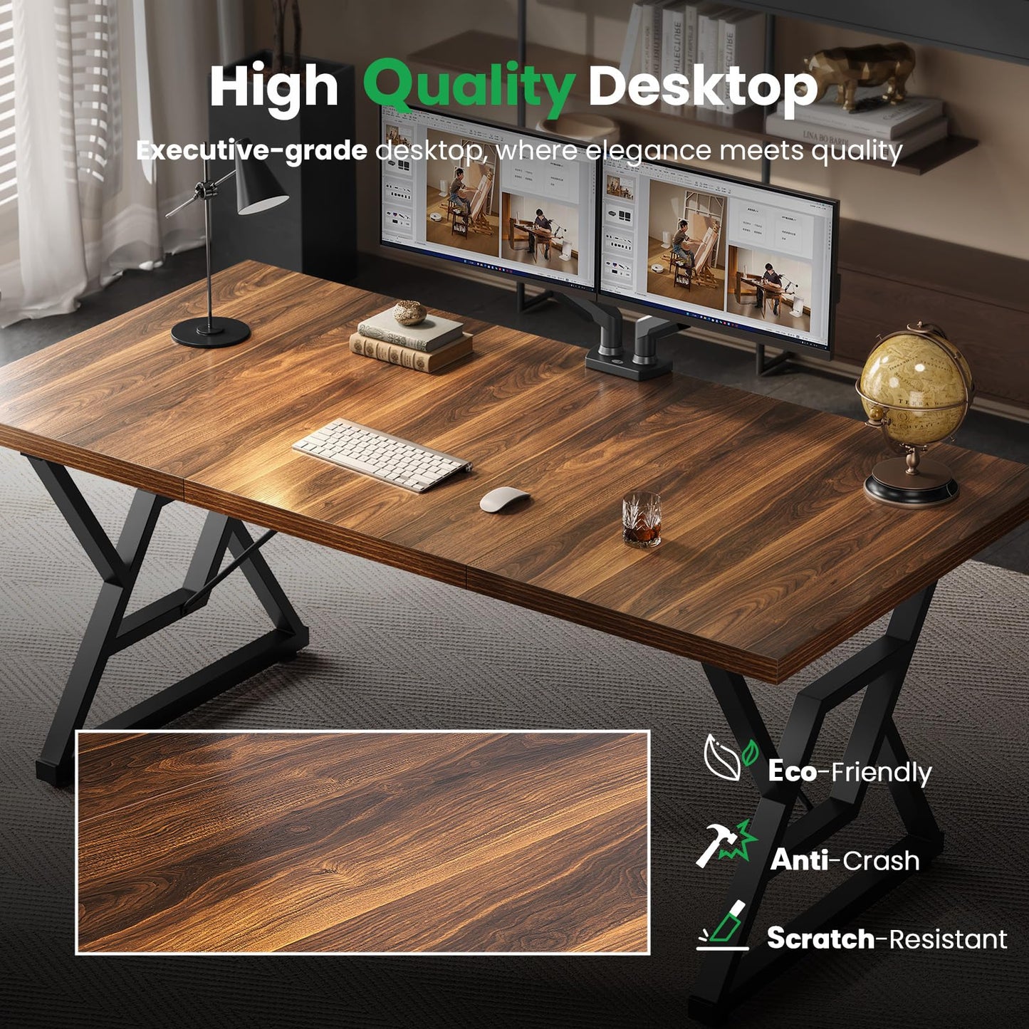 OHOHOLIVE 70.8" Large Executive Desk - Computer Office Desk Workstation, Modern Business Writing Table with Sturdy Metal Legs for Home Office (Wood Color, 71 Inch)