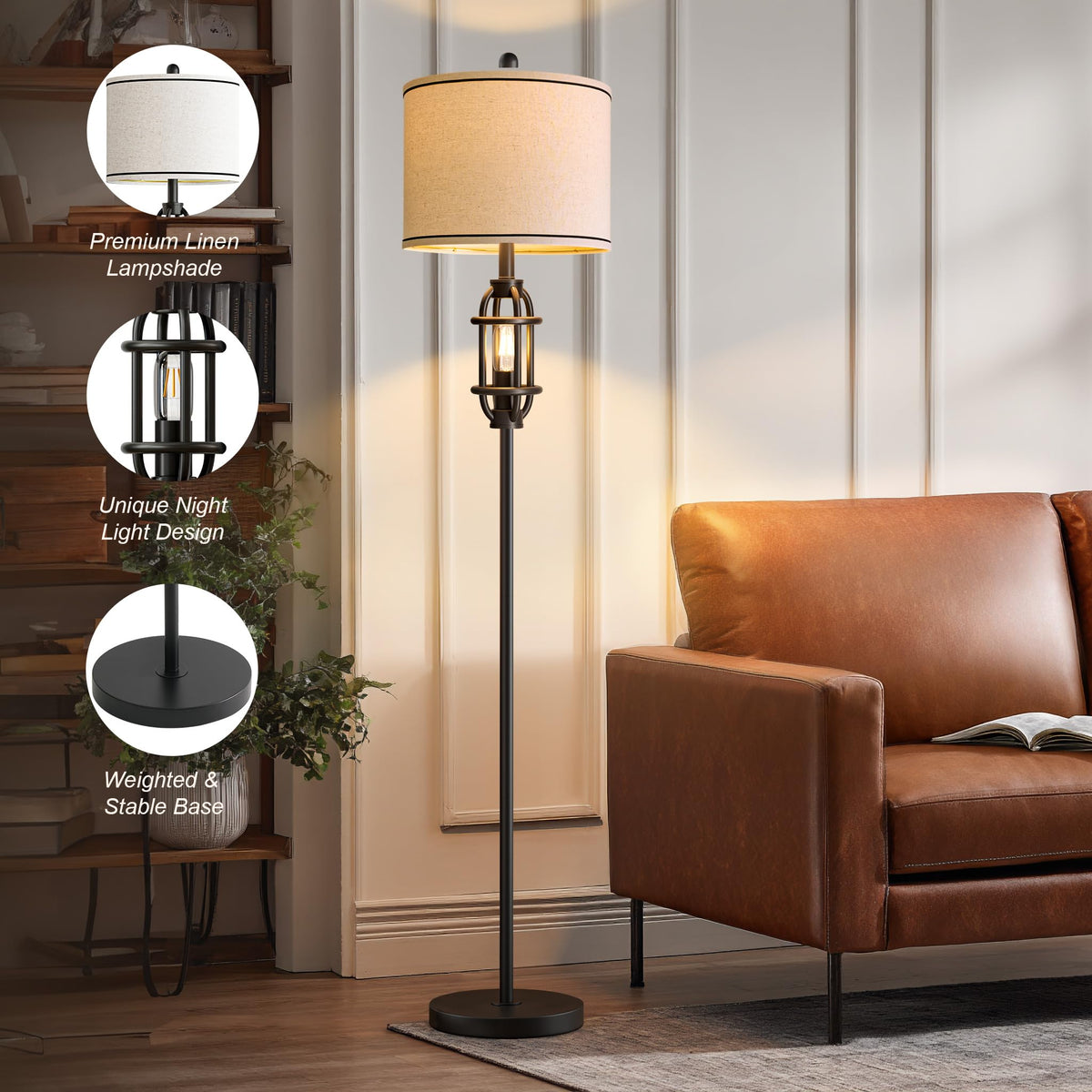 G-SAFAVA 62.5" Floor Lamp for Living Room Industrial Black Standing Tall Lamps for Bedroom Mid Century Modern Corner Floor Lamps for Office Nursery Reading Light Room Lamp, Bulbs Included