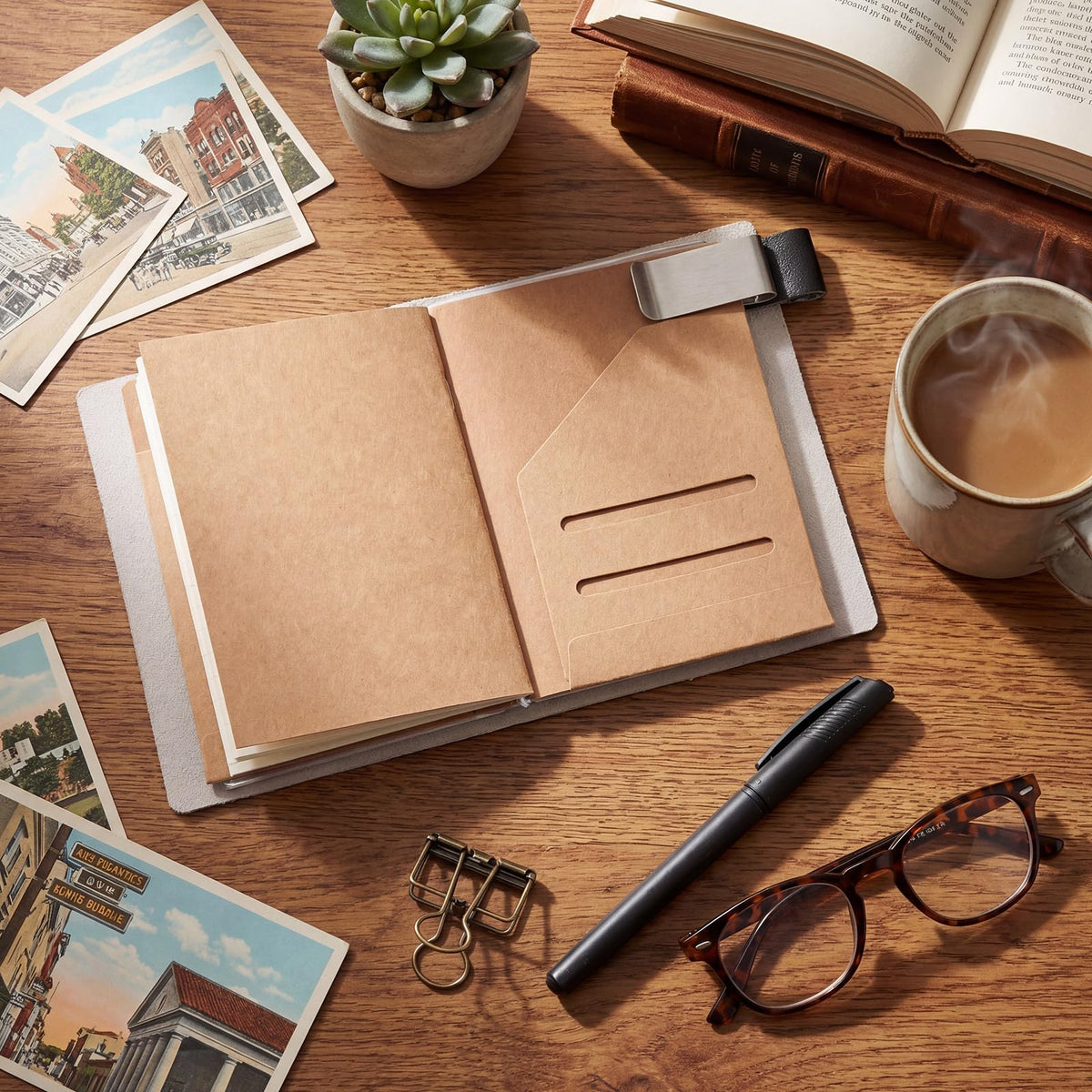Thenshop Travelers Refillable Leather Journal Notebook Travel Diary Handmade Passport Travelers Journal for Men and Women with 3 Notebook Inserts, Pen Holder, Binder Clip(White,Passport Size)