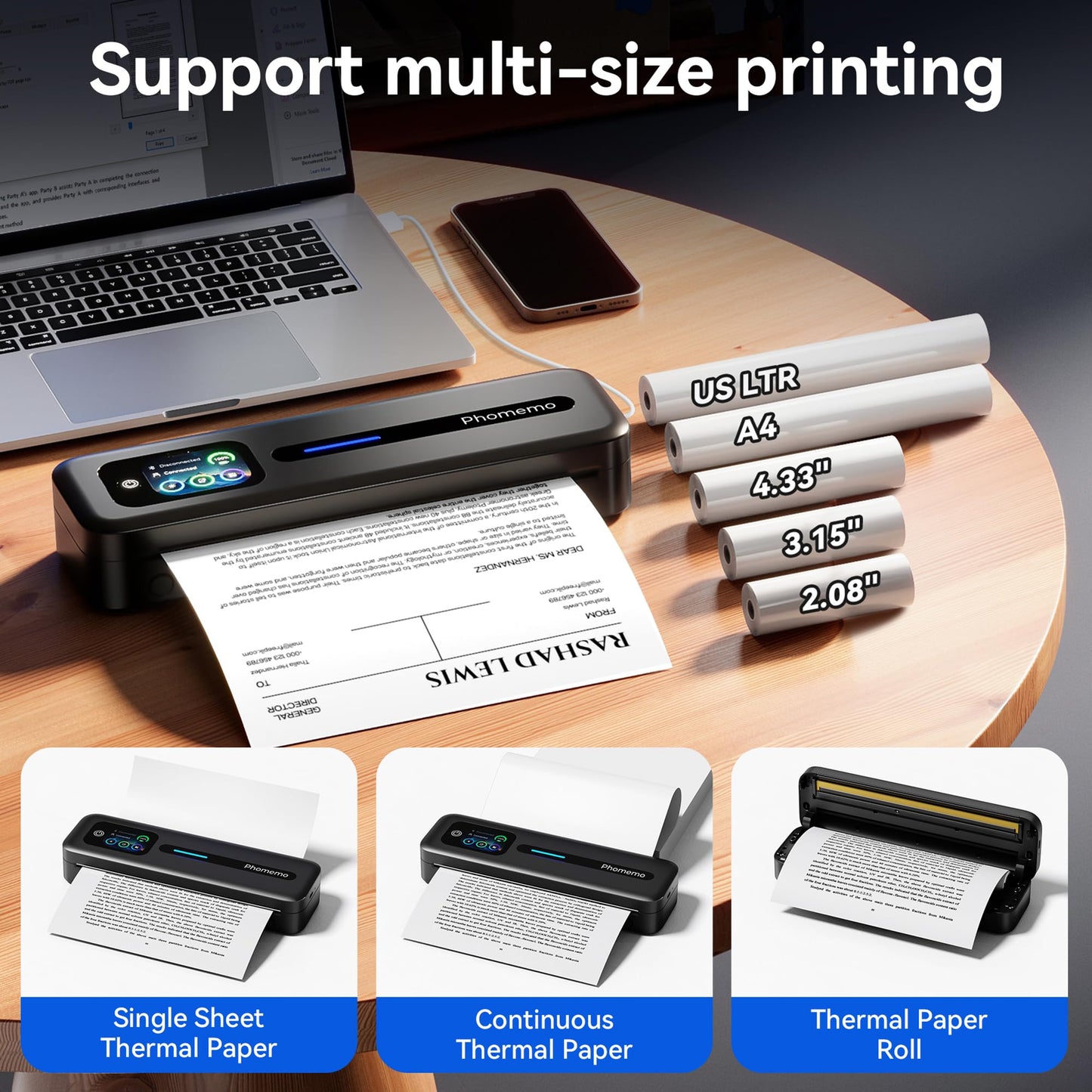 Phomemo Upgraded Portable Printer with Touchscreen, M832D Bluetooth Wireless Thermal Inkless Printer, Supports 8.5"x11" US Letter & A4, Compatible with iOS, Android, PC for Travel, Black
