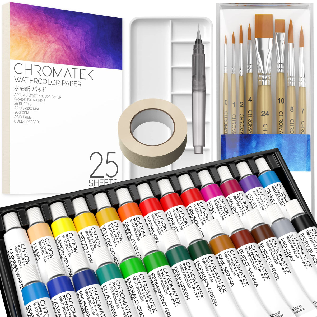 CHROMATEK Watercolor Paint Set - 62 Piece Kit for Adults, Beginner & Professional Artists - 26 Tubes (12ml), 25 Pages Sketch Pad, 8 Painting Brushes, Aquapen, Palette, Masking Tape - Art Supplies