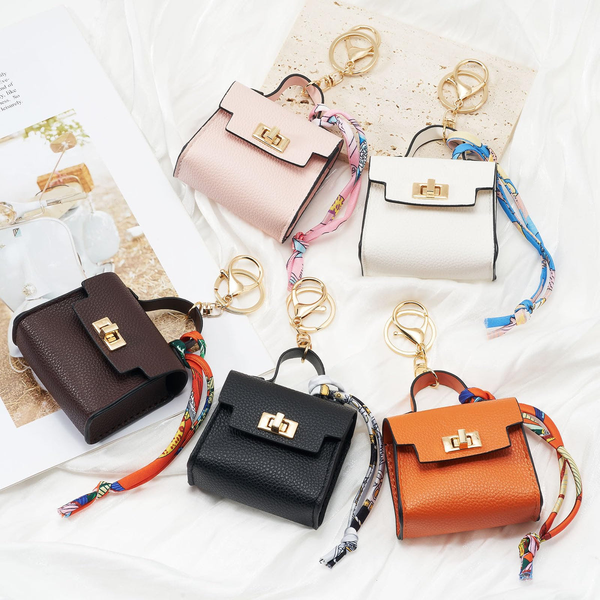 WOZEAH Mini Backpack Keychain for Women,Small Change Pouch Coin Purse Twist-lock with Key Headset Bag（Orange）
