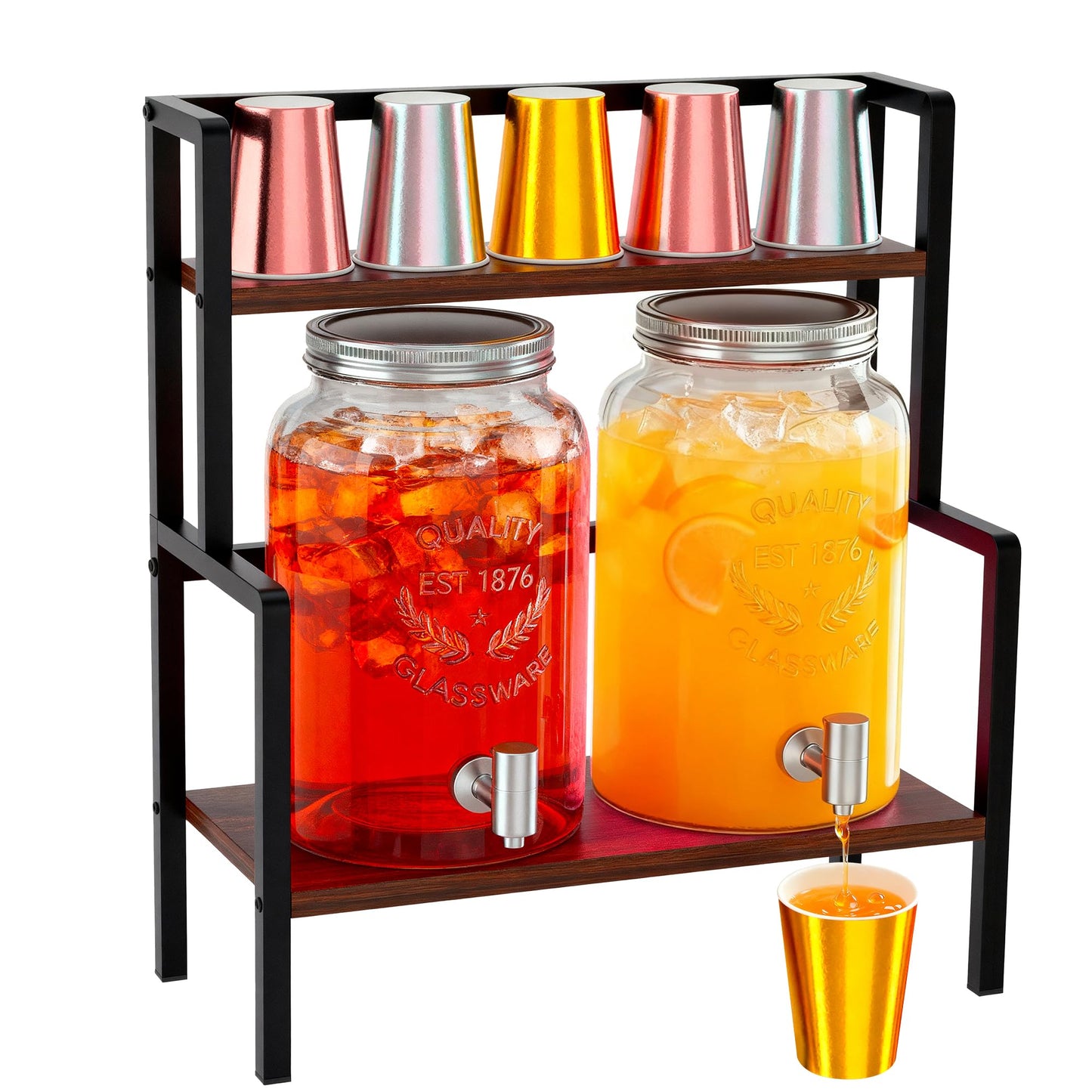 2PCS 1.5 Gallon Drink Dispenser - Glass Beverage Dispenser With Wood Stand and Leakproof Stainless Steel Spigot, Large Drink Dispenser for Parties, Lemonade, Iced Tea, Laundry Detergent Container
