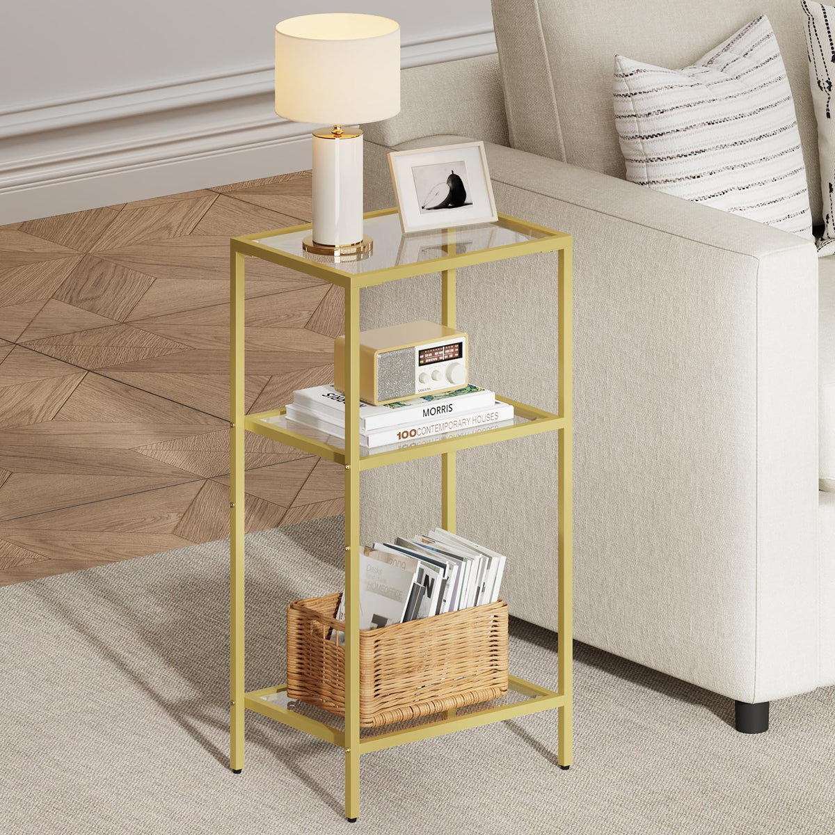 Draelibor Side Tables Set of 2, Tempered Glass End Table with Metal Frame, 3-Tier Small Nightstands with Storage Shelves,Tall Table Stand for Home Decor, Living Room, Bedroom, Office, Gold（2 Pack）