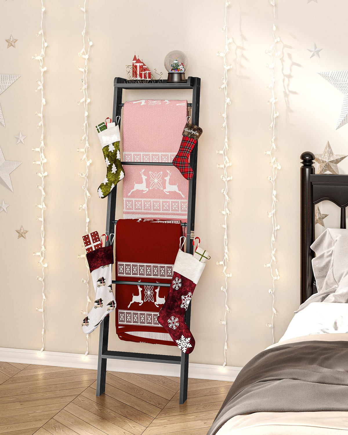 Hzuaneri Blanket Ladder Shelf, Decorative Quilt Rack, 6-Tier Farmhouse Ladder Holder Organizer with 4 Removable Hooks 7.9" D x 17.3" W x 63.4" H, Black BR35804B