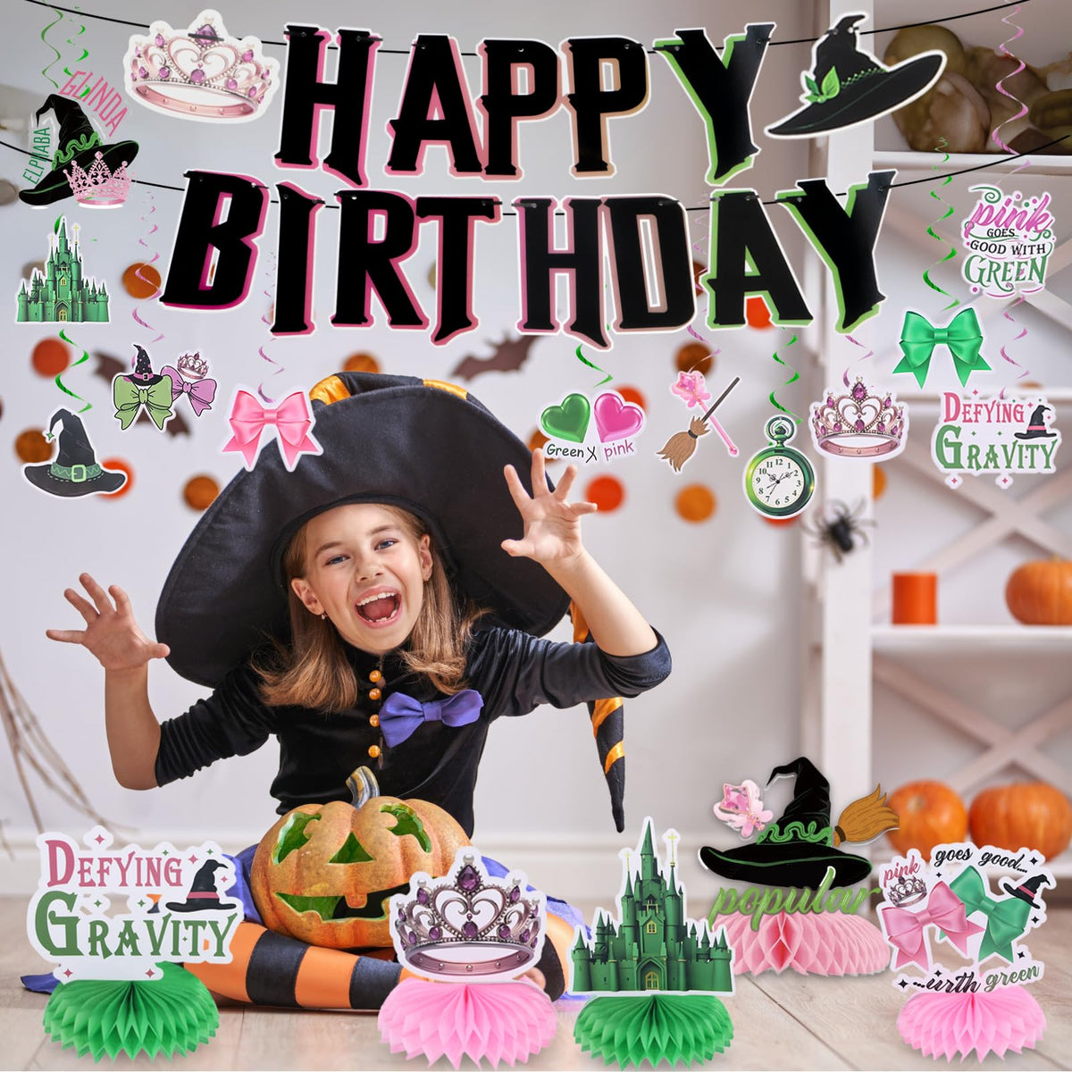 Witch Birthday Party Decorations Pink and Green Witch Decorations Movie Theme Happy Birthday Banner Honeycomb Table Centerpieces for Halloween Witch Movie Bday Party Decor