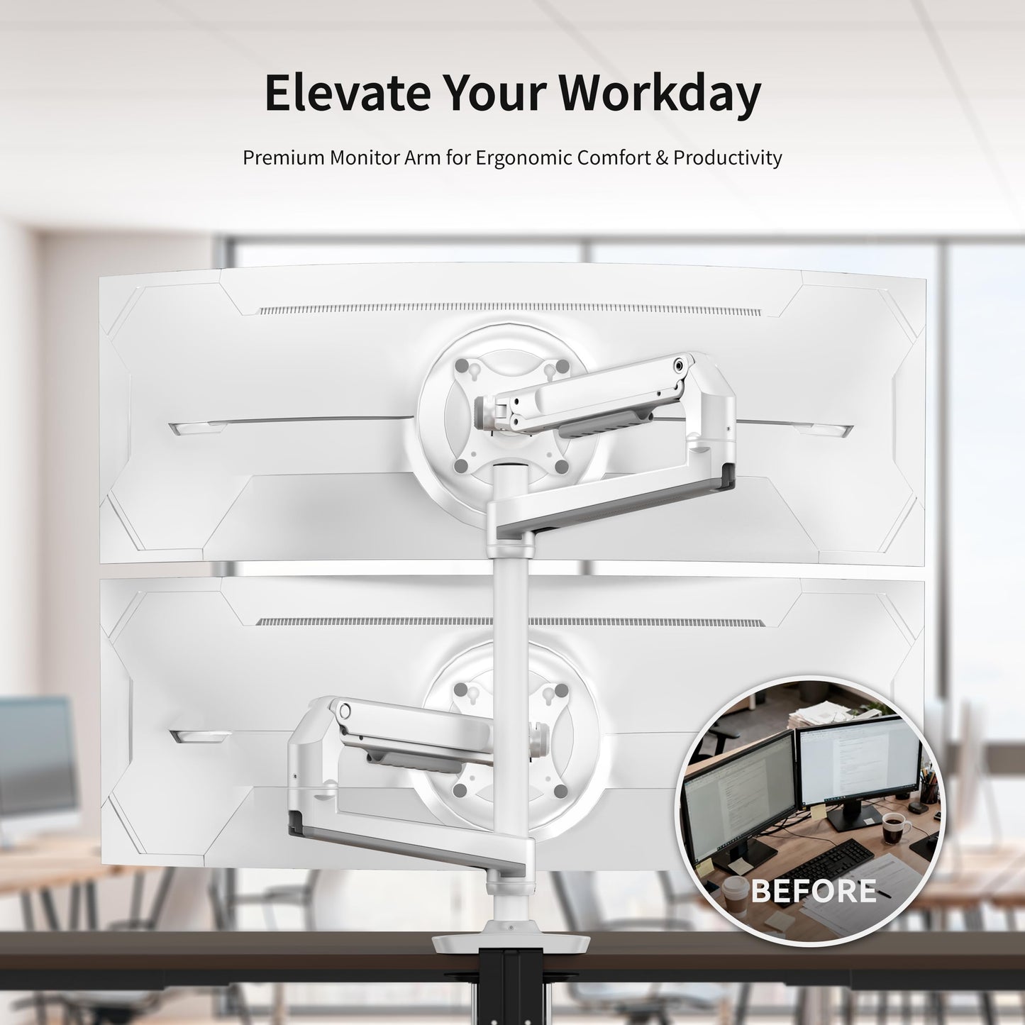 Ergounion Premium Dual Monitor Stand for Desk, High-Grade Aluminum Stacked Monitor Arm with Heavy-Duty Mechanical Spring, Adjustable Vertical Double Monitor Mount for 13-40 inch Screens, White