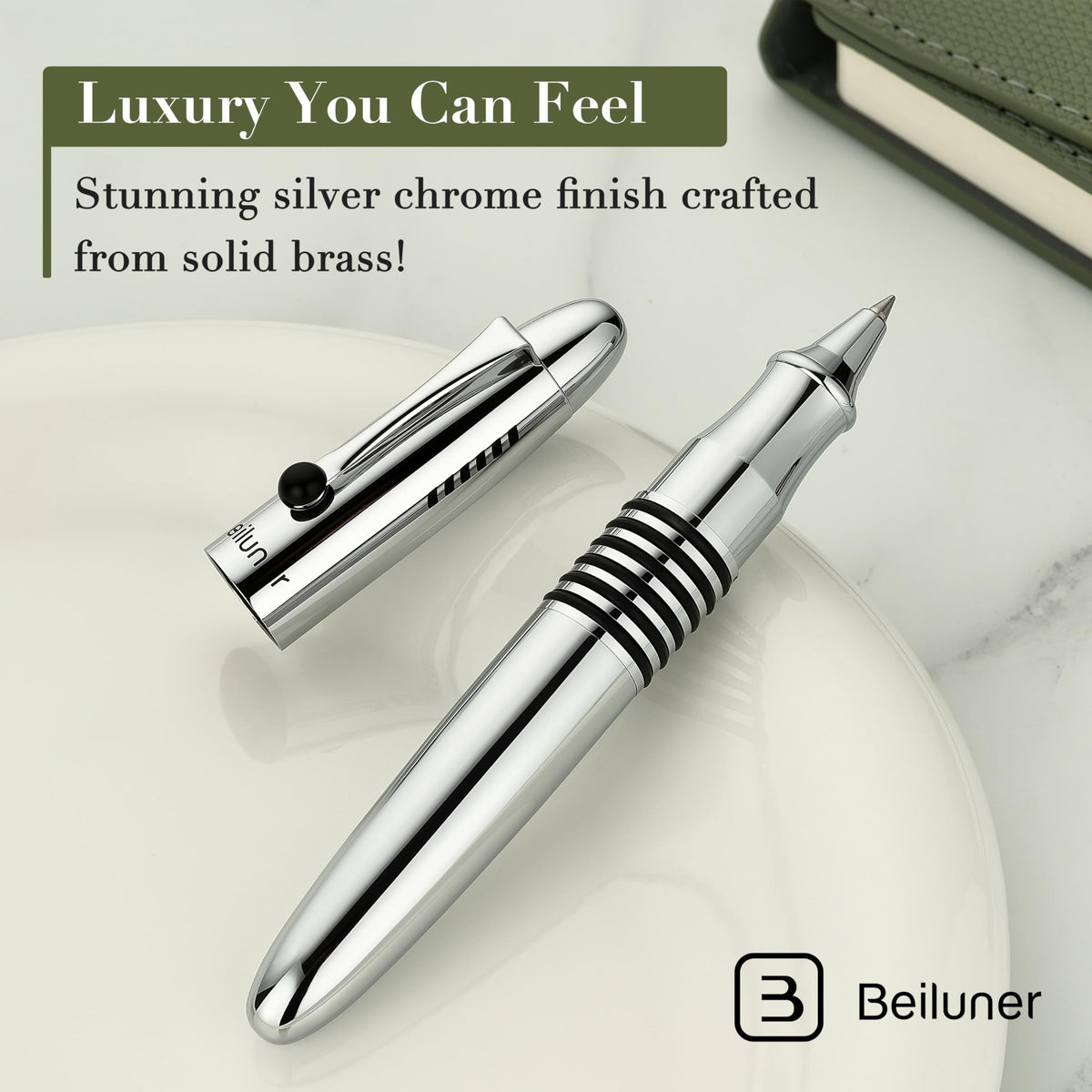 BEILUNER 320 Silver Chrome Rollerball - Stunning Luxury Pen with Chrome Finish, EDC, Heavy, Schmidt Black Ink Refill, Best Gift Set for Men & Women, Professional, Executive Office, Nice Classic Pens