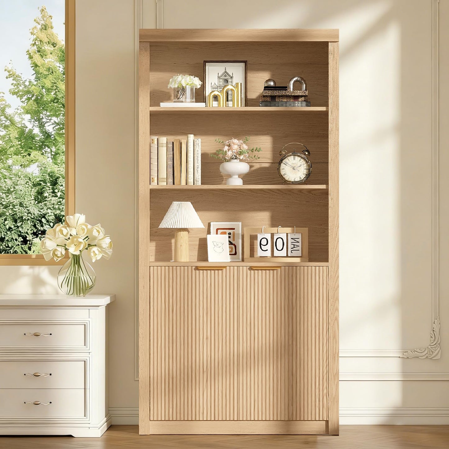 Modern Tall Book Shelf and Bookcase, 31.5"Wide Bookshelf with Doors, Farmhouse Book Case with Adjustable Top Shelf, Wood Storage Cabinet with 5 Tier Display Shelves for Home Office, Living Room,Oak