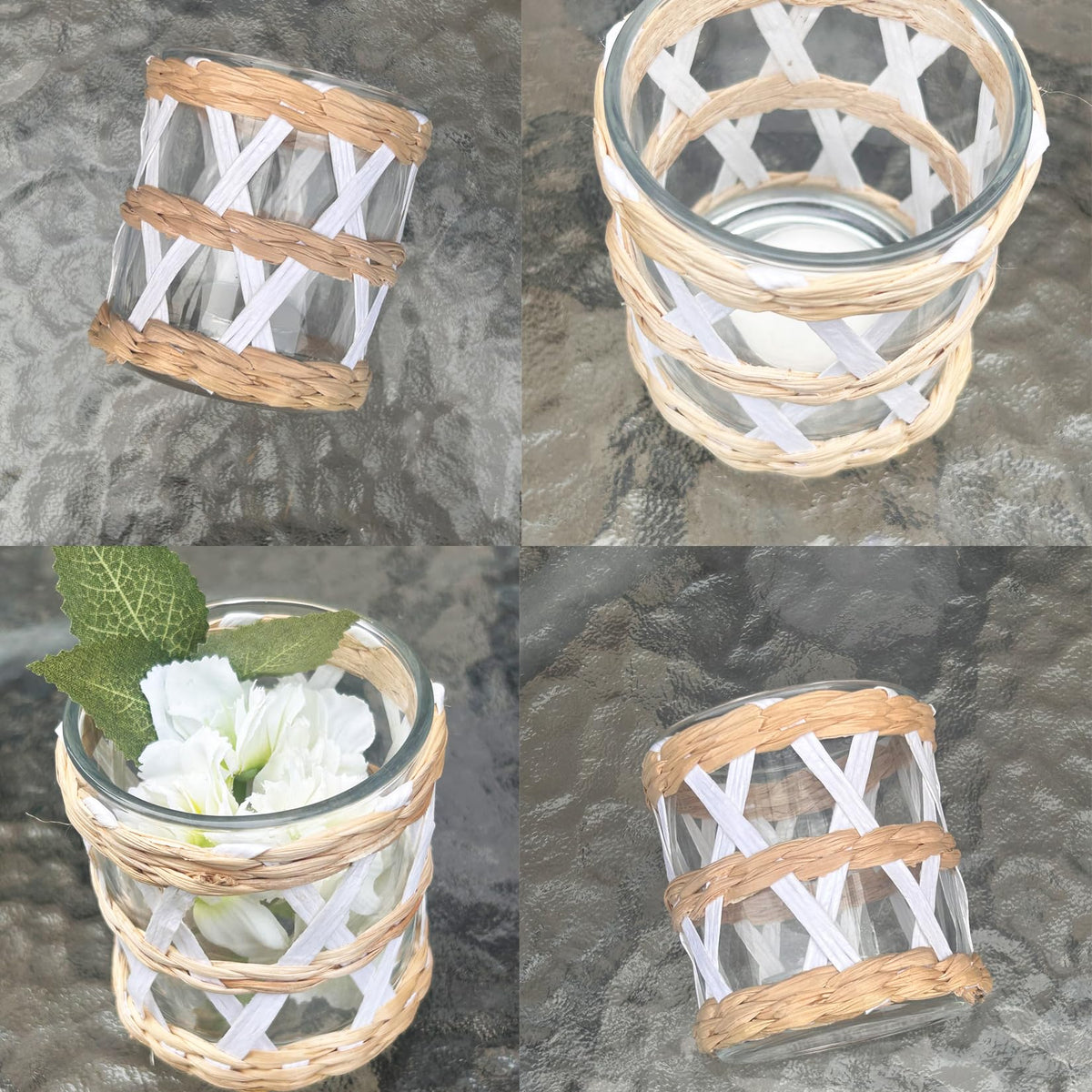 Pack 4 White Woven Rattan Tealight Candle Holders Candle Lantern - Coastal Tropical Glass Tea Light Holder Hurricane, Natural Seagrass Boho Hand Woven Votive Candle Holder