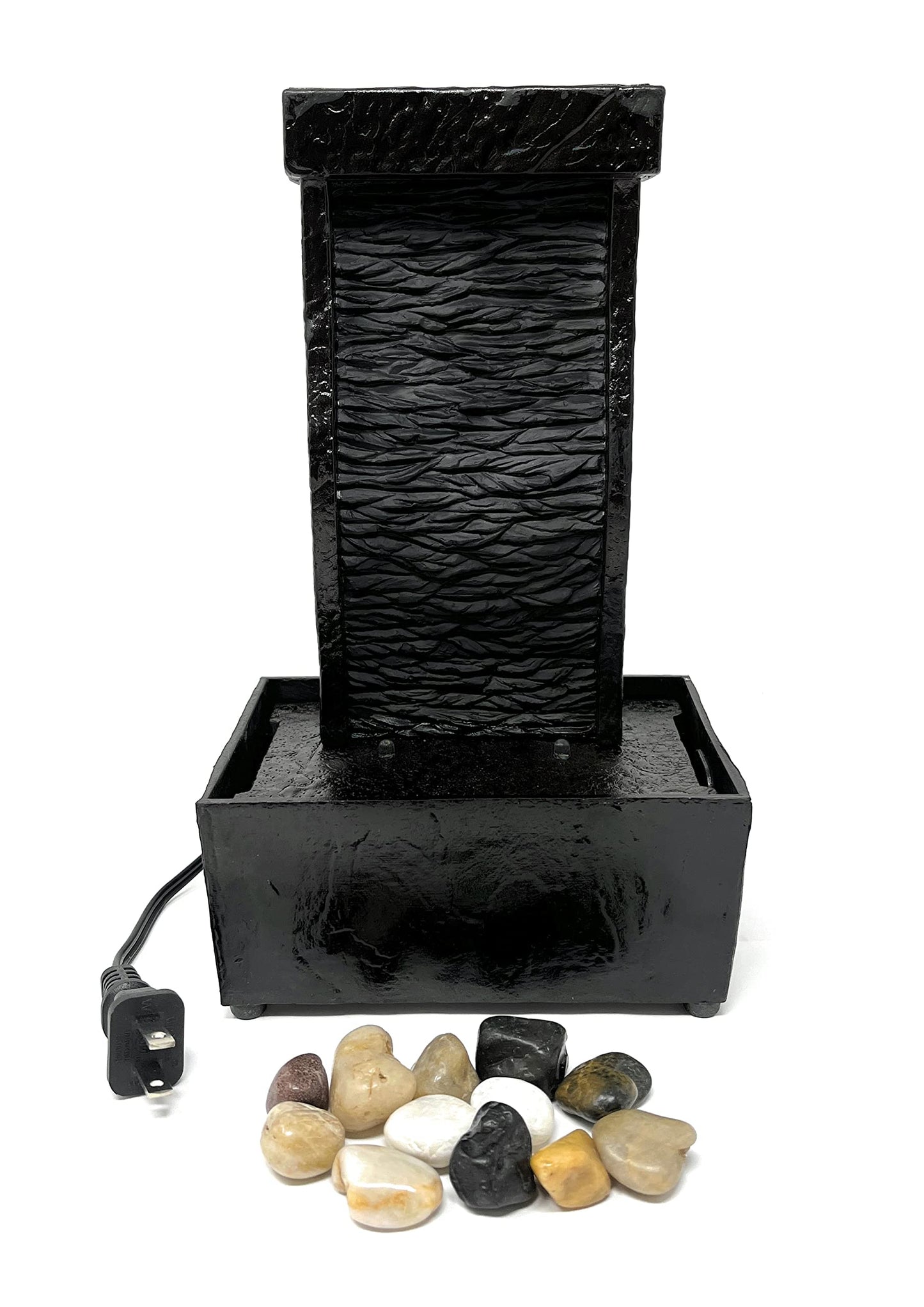 Nature's Mark 9.6" H Curved Black Slate Tabletop Water Fountain with Natural River Rocks and LED Lights (Power Cord Attached)