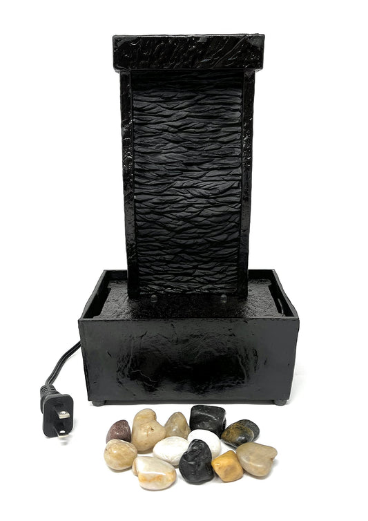 Nature's Mark 9.6" H Curved Black Slate Tabletop Water Fountain with Natural River Rocks and LED Lights (Power Cord Attached)